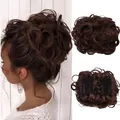 Detail view of brown curly hair bun extension with internal clip for messy bun styling - 8# (Medium Brown)