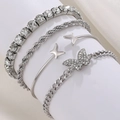Silver color four-piece butterfly bracelet set with rhinestones and cuban chains - Silver (1671)