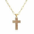 Macro shot of 18K gold paperclip chain necklace with zircon cross pendant detail - Champagne Cross (22343) / Gold-Champagne Zircon