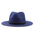 Unisex navy blue straw Panama hat with black leather band for summer beach sun protection - Navy Blue