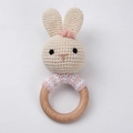 Handmade beige crochet bunny baby rattle with wooden ring and pink flower detail - Floral Rabbit with Upright Ears