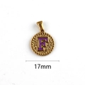 Gold plated stainless steel round pendant with purple enamel letter F, 17mm size - Letter F