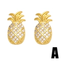 Minimalist golden pineapple stud earrings with white crystal rhinestones on white backdrop - Pineapple Style
