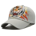 Grey quick-dry mesh baseball cap with realistic tiger head and orange flame print - Adjustable / Light Gray
