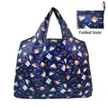 Foldable navy blue oxford shopping bag with cute cat prints and portable folded view - Dark Blue Cat and Fish Bone