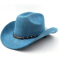 Dettaglio cappello in pelle scamosciata blu con fascia intrecciata e perle rosse - M (56-58cm) / Blu Lago