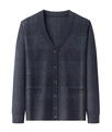 Detailansicht der dunkelgrau-blauen V-Ausschnitt Strickjacke mit Jacquard Rautenmuster - M / Mittelgrau