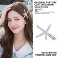 Vintage silver starfish hair clip with sparkling rhinestones for women's hair styling - 5933 Vintage Metal Starfish Hair Clip-Silver