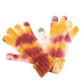 Close-up of tie-dye knit gloves with touchscreen fingertips and ribbed elastic cuffs - Tie Dye Rusty Yellow