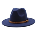 Detail of navy blue wool fedora featuring a brown snakeskin texture leather band and buckle - M (56-58cm) / Navy Blue