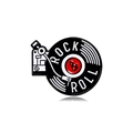 Vintage rock and roll vinyl record player enamel brooch in black, white, and red design - ROCK & ROLL Player