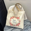 Off-white canvas tote bag with floral print and happy everyday text detail - Off-white Floral Happy Everyday