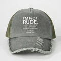 Detailed view of the distressed grey washed fabric and slogan print on a trucker hat - Distressed Army Green
