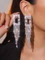 Elegant silver long tassel clip-on earrings with luxury sparkling crystal rhinestones - Silver Rectangular Frame Gradient Tassel