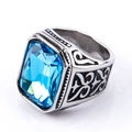 Detailed view of square blue gemstone set in engraved stainless steel ring - US 7 / Vintage Silver Tone (Lake Blue Rhinestone)