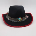 Black ethnic fedora hat with turquoise stone and red hand-crocheted brim edge - One Size / Black Red Edge