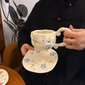 Hand-painted ceramic coffee cup with blue and yellow floral pattern and embossed texture - Blue Flower & Yellow Tulip Cup & Saucer Set / Cup + Saucer Set