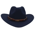 Close-up of a navy wool felt cowboy hat featuring a braided band and gold feather charm - M (56-58cm) / Navy Blue Cowboy (Gold Feather)