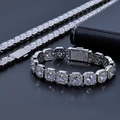 Macro shot of a silver Cuban link bracelet with square-cut halo cubic zirconia stones - Necklace 24 Inch (Approx 60.96cm) / Width 10mm / Platinum