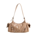 Glossy beige underarm bag with double front zippers and functional side pockets - Khaki