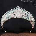 Baroque bridal crown with silver floral alloy and elegant light green water drop crystals - Silver Color With White & Green Rhinestones