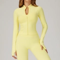Slim fit light yellow seamless yoga set with half-zip stand collar and thumbhole sleeves - S / Tops / Goose Yellow