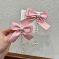 Barrettes à nœuds en satin rose pour filles avec d'élégants pompons en perles - Satin / Barrette à Nœud en Satin Rose avec Franges