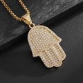 Hip-Hop-Halskette mit vergoldetem Hamsa-Hand-Anhänger und Kristallen auf schwarzem Stein - Hamsa Hand Anhänger Nur / Gold