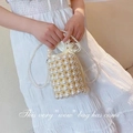 Elegant white handmade pearl bucket bag with satin drawstring and ribbon bow strap - Pearl Cylinder Bucket Bag Finished