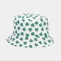 Close-up of white canvas bucket hat featuring green clover patterns and neat stitching - M (56-58cm) / Clover Style