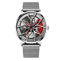 Men's silver quartz watch with car wheel hub dial and red brake caliper on mesh strap - Silver Case Red Caliper - Silver Mesh Band