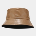 Close-up of caramel PU leather bucket hat with detailed stitching and black inner lining - M (56-58cm) / Brown