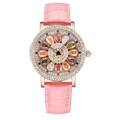 Elegant women's watch featuring a pink leather strap and rose gold floral gemstone dial - Pink