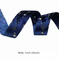 Dark blue velvet ribbon with gold stars and dots pattern in 1 inch width - 2.5cm / Navy Blue