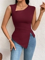 Close-up of elegant burgundy asymmetric neckline top with slim fit sleeveless design - S / Wine Red
