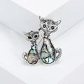 Vintage silver double cat brooch with iridescent abalone shell inlay and black rhinestones - Silver-1812