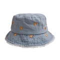 Denim bucket hat in light blue with orange flower embroidery and white frayed brim detail - One Size / Flower Light Blue