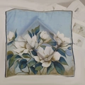 Light blue square silk scarf featuring white magnolia floral prints and a dark blue border - Kapok Flower Small Square Scarf/silk Scarf / 65