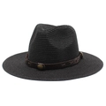 Black straw Fedora panama hat with brown leather belt and vintage metal rivets decor - M (56-58cm) / Black