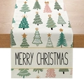 Linen Christmas table runner with green and pink trees and Merry Christmas text - Christmas Tree Style (ZQ030-1)