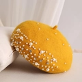 Yellow wool beret for women featuring elegant white pearl and silver rhinestone accents - Yellow