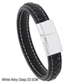 Minimalist black braided leather bracelet with white contrast stitching and silver buckle - 22.5CM / Silver Alloy Clasp