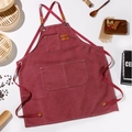 Waterproof burgundy canvas work apron with leather straps and three utility pockets - Brick Red