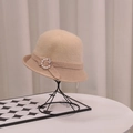 Elegant beige knitted cloche hat for women featuring a pearl rhinestone bow accent - Pearl Ring / Beige
