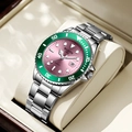 Business quartz watch featuring silver steel band, green bezel, and unique pink dial - Silver Band Green Bezel Pink Dial