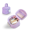 Purple quilted vanity bag with silver heart charm, showing open and closed views - Barrel Bag / Purple
