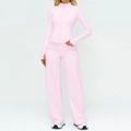 Light pink yoga set featuring long sleeve zip-up top and wide leg pants in soft fabric - S / Top And Bottom / Sakura Pink