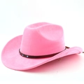 Detailed view of pink suede cowboy hat with turquoise studded woven leather band - Magenta