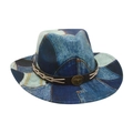 Blauwe denim patchwork cowboyhoed met bruine gevlochten band en een metalen stierenkop gesp - Eén maat / Koningsblauw (Denim Patchwork)