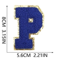 Detail of royal blue chenille letter P patch with gold sequin border and 8cm dimensions - Letter P